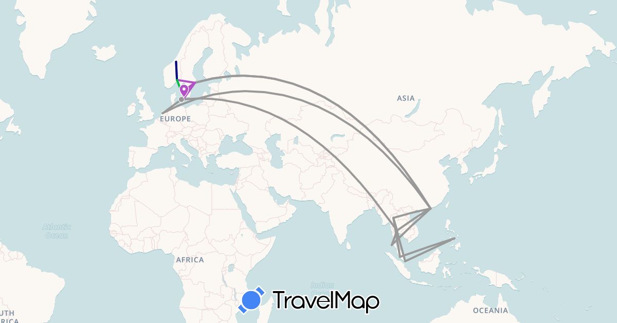 TravelMap itinerary: driving, bus, plane, train in Denmark, Hong Kong, Malaysia, Netherlands, Norway, Sweden, Thailand (Asia, Europe)